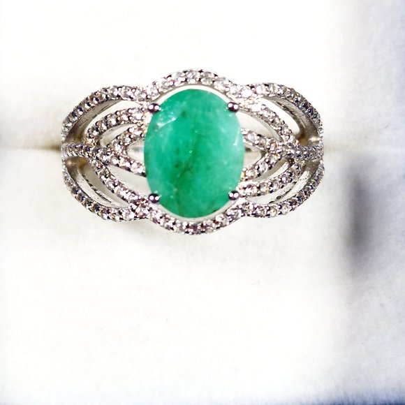 Emerald and White Zircon fancy openwork ring in Rhodium over 925 SS 2.08ct sz 8 - Picture 1 of 5